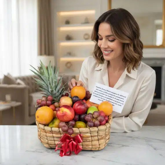 Mujer elegante sonriendo mientras admira una canasta de frutas Musca con piña, uvas, naranjas y manzanas, en un hogar de lujo
