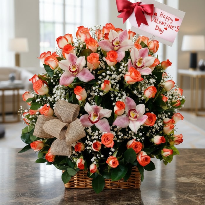 Canasta de rosas y orquídeas