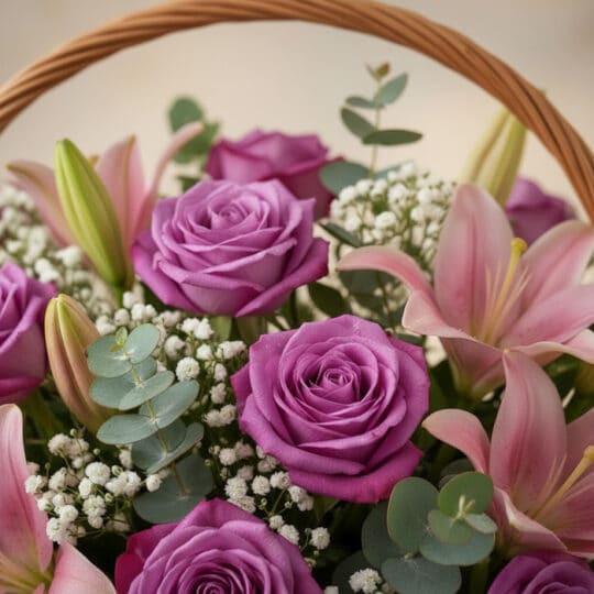 Primer plano de la Cesta de Flores AZURE con rosas moradas, lirios rosas, paniculata y eucalipto, destacando texturas y gotas