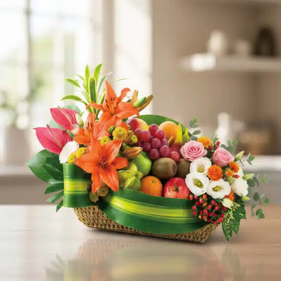 Cesta de frutas THALIA con lirios naranjas, anturios rosas, rosas, uvas, manzanas, kiwis y naranjas, sobre mesa de madera cla