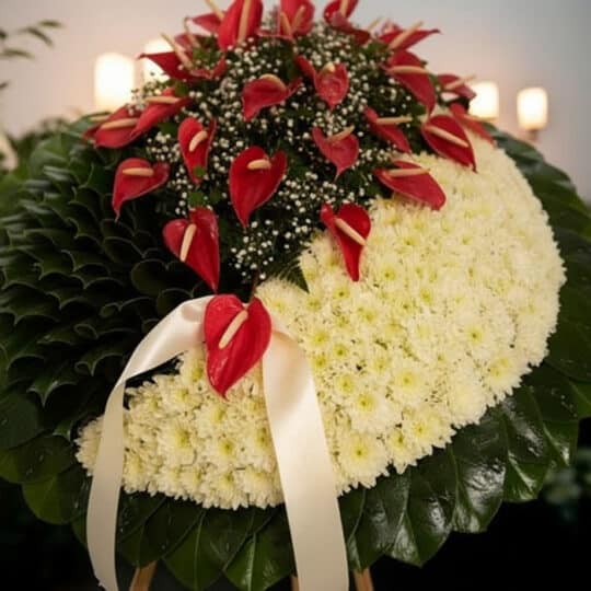 Fotografía macro de la Corona Fúnebre 'A Tu Memoria', mostrando texturas hiperrealistas de pétalos blancos, anthuriums rojos