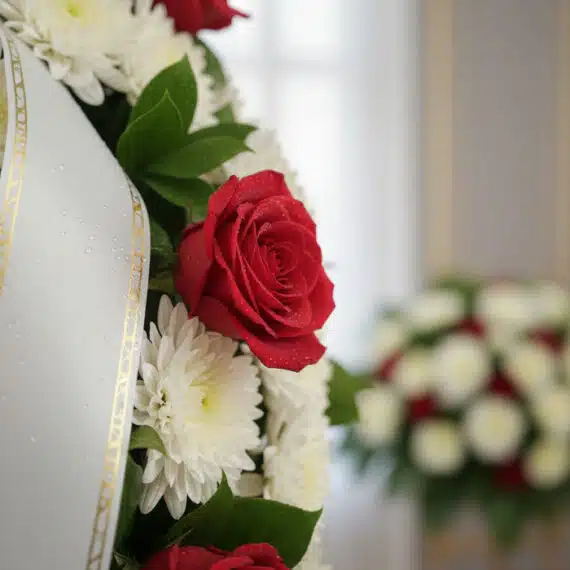 Fotografía macro premium de la Corona Fúnebre Adiós Sincero, mostrando rosas rojas y crisantemos blancos con rocío sutil y ci