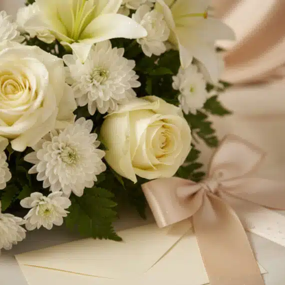 Fotografía macro premium de la Corona Fúnebre Homenaje Gadriel, mostrando rosas blancas, lirios y crisantemos con rocío sutil