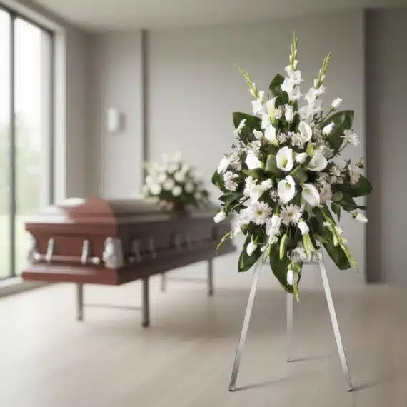 Corona fúnebre Homenaje Guadalupe con lirios blancos, gladiolos y calas, en sala de velación moderna con ataúd desenfocado al