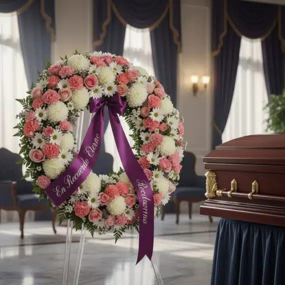 Corona fúnebre Homenaje a Jesús con flores blancas y rosas, cinta morada con mensaje 'En Recuerdo Eterno', junto a un ataúd e