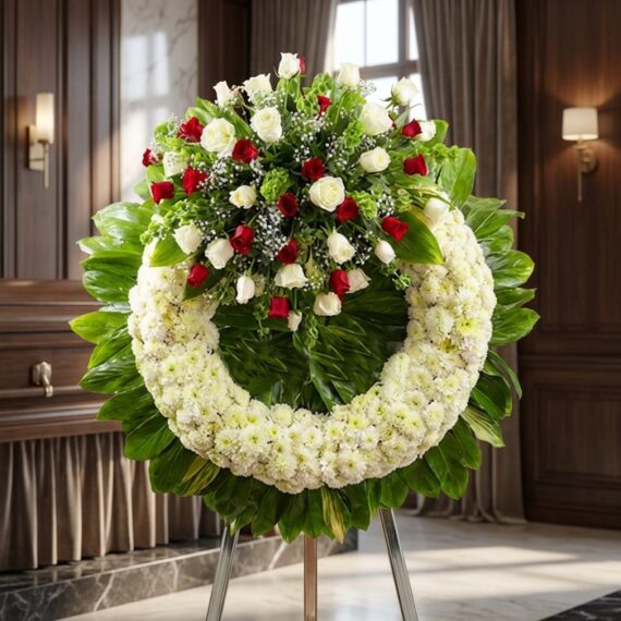 Corona Fúnebre "Legado de Hildegarda": Rosas Blancas y Rojas, Elegancia Sobria Corona fúnebre "Legado de Hildegarda" con rosas blancas y rojas, crisantemos blancos y follaje verde, en sala de velación pre