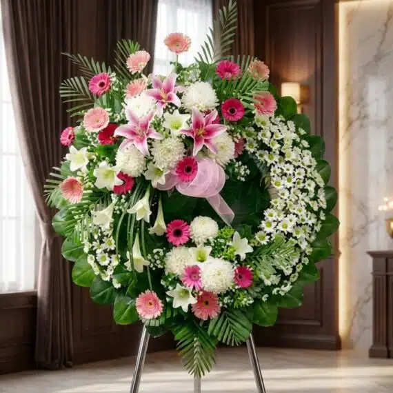 Corona Fúnebre Solemne "Homenaje a Mathias": Elegancia y Respeto Corona fúnebre solemne "Homenaje a Mathias" con lirios blancos, gerberas rosas y crisantemos blancos, en una sala de velación