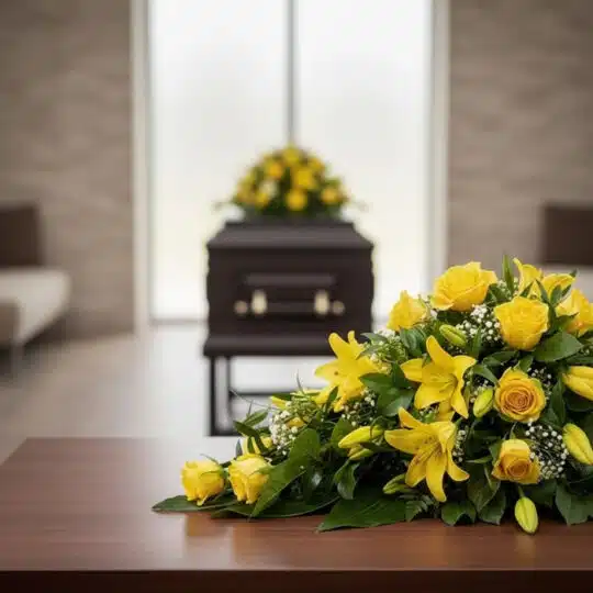 Cubre caja fúnebre con rosas y lirios amarillos en primer plano, sobre una mesa de madera. Al fondo, un ataúd sobrio y desenf