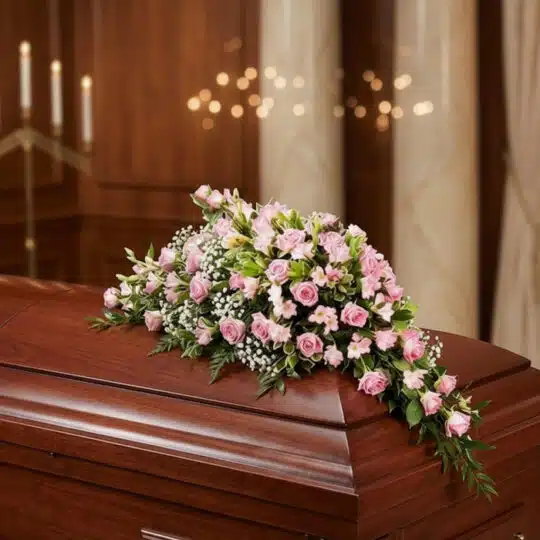 Cubre caja fúnebre con rosas rosadas y follaje verde sobre un ataúd de madera oscura en una sala de velación premium, con luz