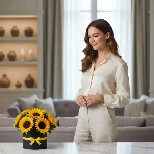 Mujer elegante admirando un arreglo de girasoles MARISA en una caja negra con lazo amarillo, en un lujoso salón con luz natur