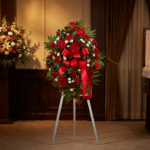 Pedestal fúnebre 'Homenaje Eterno a Andrés' con rosas rojas, claveles blancos y follaje verde, presentado en una elegante sal