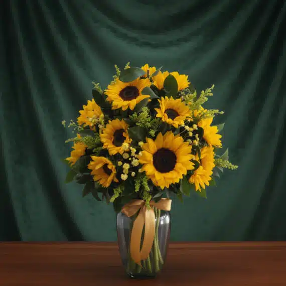 Jarrón con 12 Girasoles: Elegancia y Frescura para tu Hogar Jarrón de cristal transparente con un arreglo de 12 girasoles vibrantes, hojas verdes y pequeñas flores amarillas, atado con