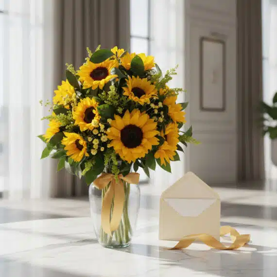 Jarrón de cristal con 12 girasoles vibrantes, hojas verdes y flores pequeñas, atado con una cinta dorada. A su lado, una tarj