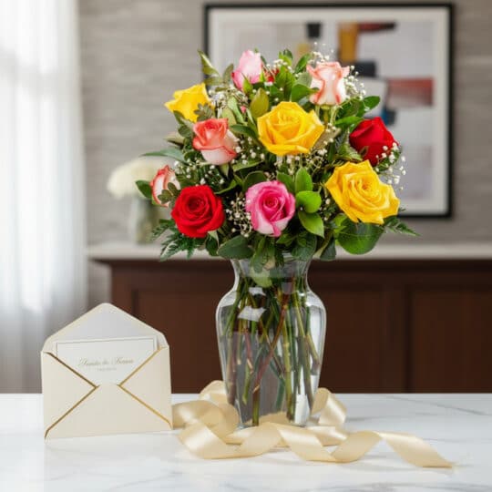 Jarrón de cristal con 12 rosas de colores variados (rojas, amarillas, rosas, melocotón), follaje verde, sobre de tarjeta de r