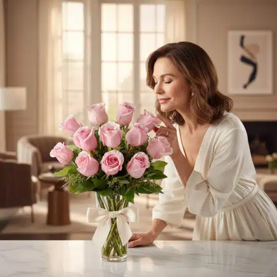 Mujer elegante admirando y oliendo un hermoso ramo de 12 rosas rosadas en un jarrón de cristal con moño, en un lujoso interio