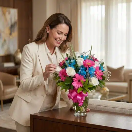 Mujer elegante de mediana edad admirando con deleite un vibrante arreglo floral de Jarrón Primavera con rosas blancas, gerber