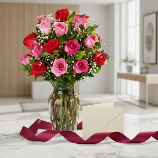 Jarrón Te Extraño con un ramo de rosas rojas y rosadas, follaje verde y flores de aliento de bebé, sobre una mesa de mármol c