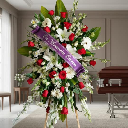 Pedestal fúnebre Adoración con rosas rojas, lirios blancos y margaritas, adornado con cinta morada 'En Memoria Eterna', junto