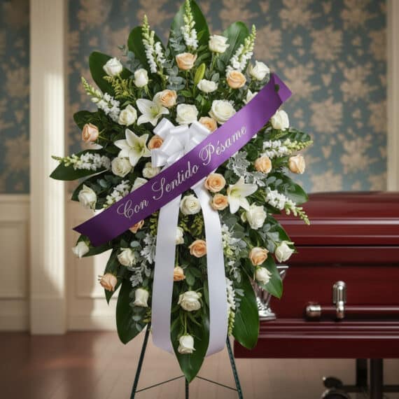 Pedestal fúnebre 'Descansa Ahora' con rosas blancas y durazno, lirios y follaje, adornado con una cinta morada que dice 'Con