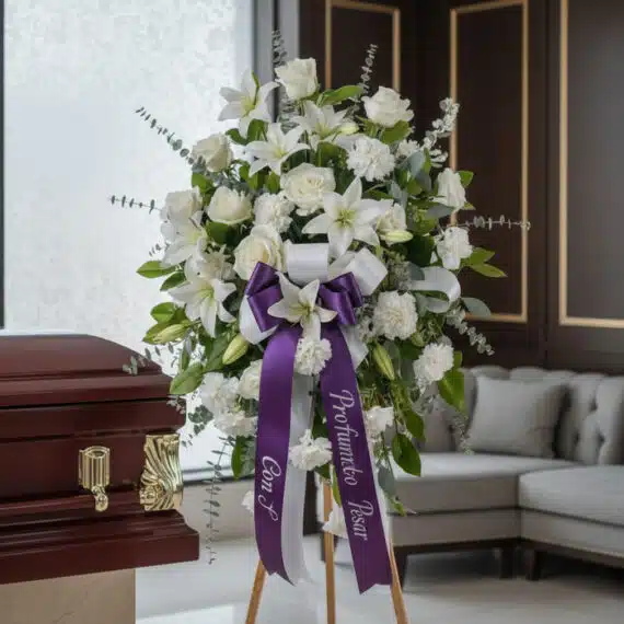 Pedestal fúnebre 'Hasta Pronto' con rosas blancas, lirios y claveles, cinta morada con mensaje de condolencia, junto a un ata