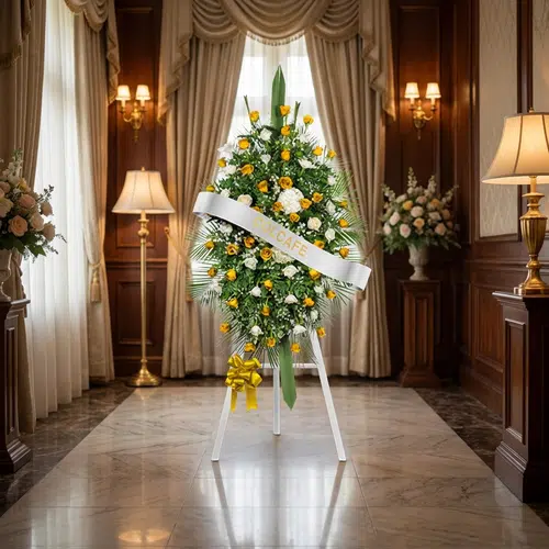 Pedestal Fúnebre: El Solemne Homenaje a Bosco 🕊️ Pedestal fúnebre con rosas blancas y amarillas, ideal para honrar la memoria de un ser querido en una sala de velación elegan