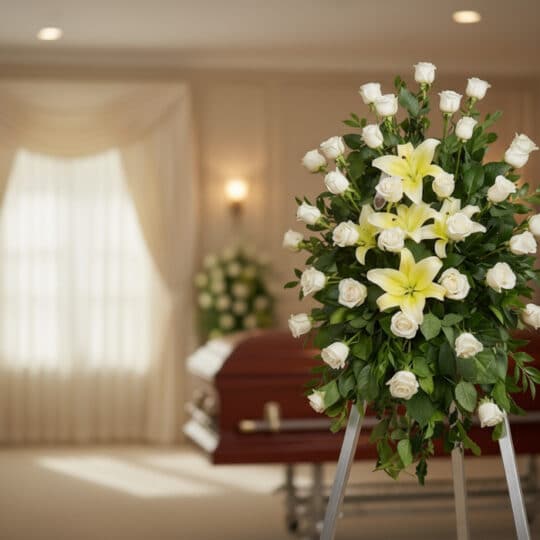 Pedestal fúnebre "Luz de Jacinta" con rosas blancas y lirios amarillos en sala de velación moderna, ataúd desenfocado al fond