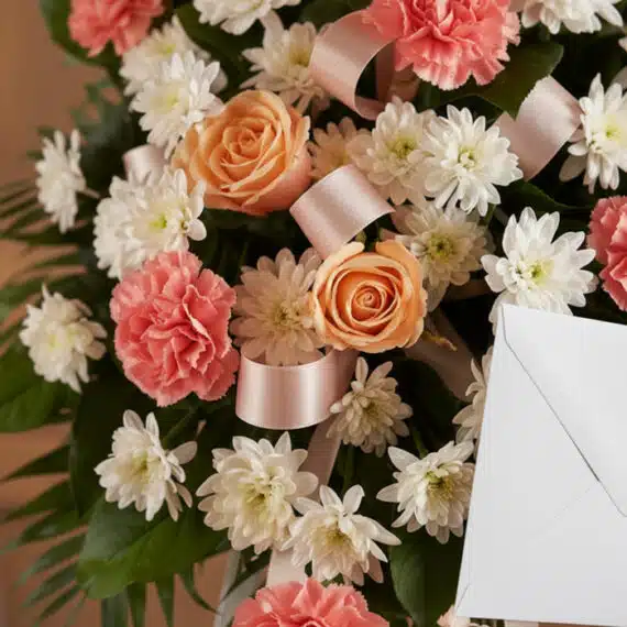 Pedestal fúnebre con rosas durazno, claveles coral y crisantemos blancos, adornado con cinta satinada. Un sobre de condolenci