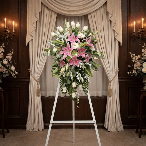 Impresionante pedestal fúnebre "Legado Eterno" con lirios rosados, rosas blancas y follaje exuberante, exhibido en una elegan