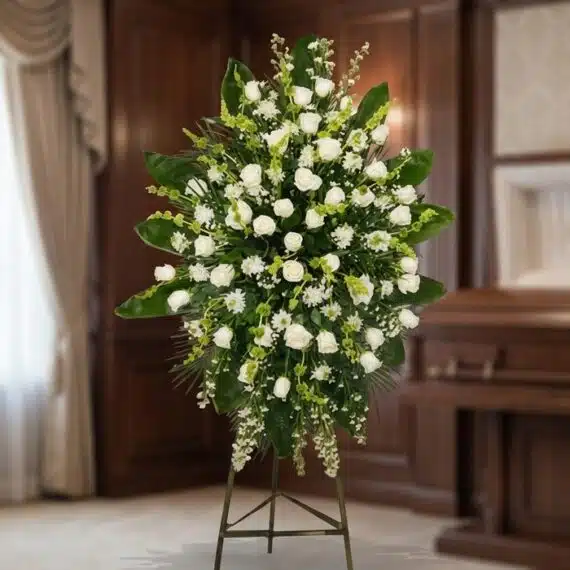 Pedestal Fúnebre Nunca te Olvidaré: Elegancia y Respeto en Flores Blancas Pedestal fúnebre 'Nunca te Olvidaré' con rosas blancas, lirios y follaje verde, presentado en una sala de velación premium co