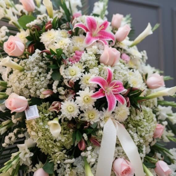 Fotografía macro premium del Pedestal Fúnebre Pasión, mostrando texturas hiperrealistas de rosas, lirios y follaje con rocío