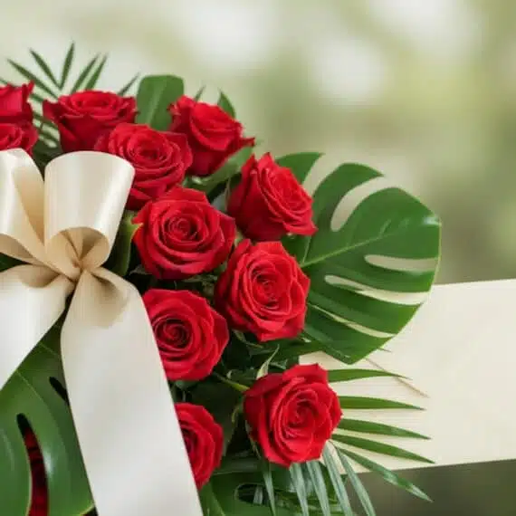 Primer plano de Pedestal Fúnebre Sentido Pésame con rosas rojas frescas, follaje verde y cinta satinada color crema. Pétalos