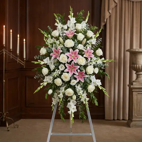Pedestal floral funerario "El Legado de Josafat" con lirios rosas, rosas blancas y gladiolos en sala de velación elegante.
