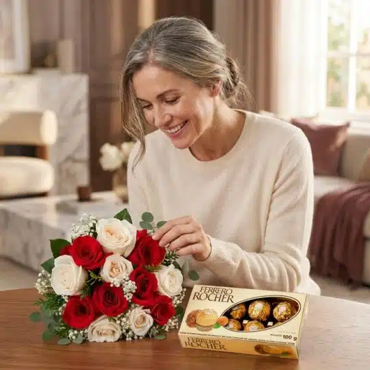Mujer elegante admirando un ramillete de rosas rojas y blancas, junto a una caja de bombones Ferrero Rocher, en un ambiente d