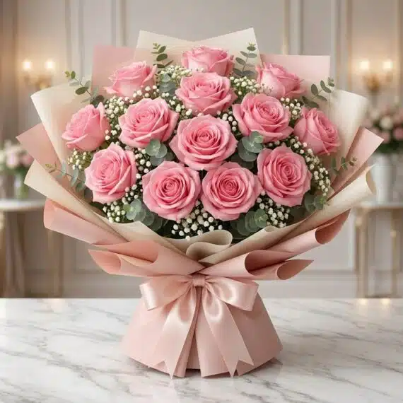 Ramillete o bouquet de 12 rosas rosadas grandes y abiertas con follaje, envuelto en papel coreano rosa y beige, atado con un