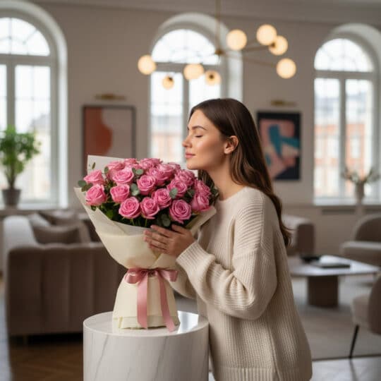 Mujer joven y elegante con suéter beige admira y huele un ramo grande de 44 rosas rosadas Viviana, envuelto en papel crema co