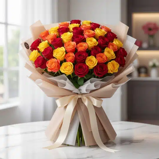 Impresionante ramo SYLVANA con 60 rosas rojas, naranjas y amarillas vibrantes, envuelto en papel coreano beige y atado con un