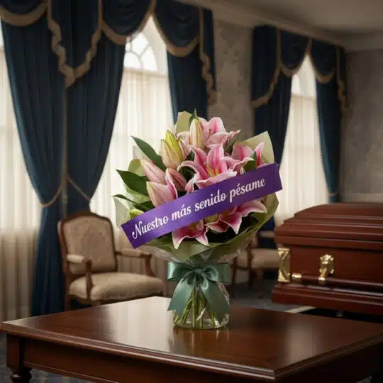 Solemne bouquet fúnebre de lirios rosas con cinta morada 'Nuestro más sentido pésame' en sala de velación premium junto a ata