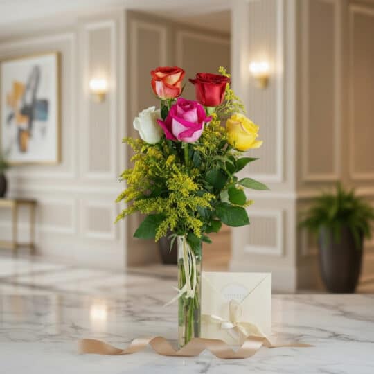 Solitario de rosas multicolor (roja, blanca, fucsia, amarilla, naranja) en jarrón de cristal con follaje verde, sobre mármol