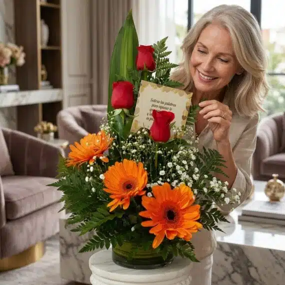Mujer elegante de cabello plateado admira con deleite un arreglo floral Solitario Tu Recuerdo con rosas rojas y gerberas nara